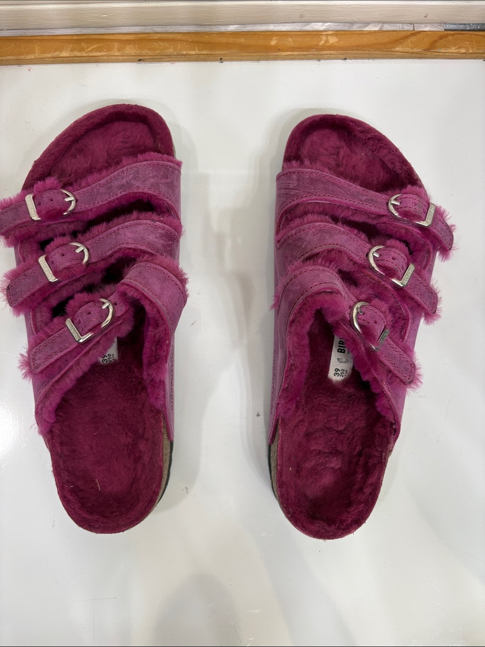 Birkenstock Arizona Shearling Triple-Strap Sandals - Fuchsia - Picture 6 of 11